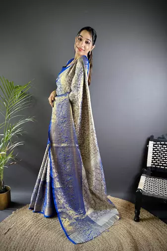 Blue floral, peacock zari woven kanjivaram tissue silk saree with blouse