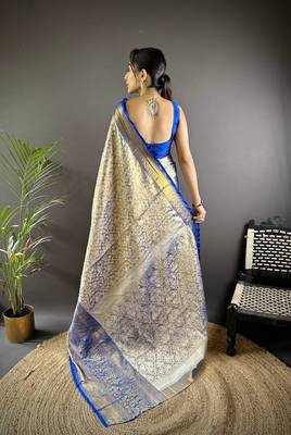 Blue floral, peacock zari woven kanjivaram tissue silk saree with blouse 4
