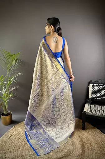 Blue floral, peacock zari woven kanjivaram tissue silk saree with blouse