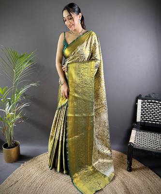 Green floral, peacock zari woven kanjivaram tissue silk saree with blouse 1