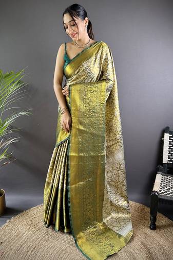 Green floral, peacock zari woven kanjivaram tissue silk saree with blouse