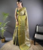 Green floral, peacock zari woven kanjivaram tissue silk saree with blouse