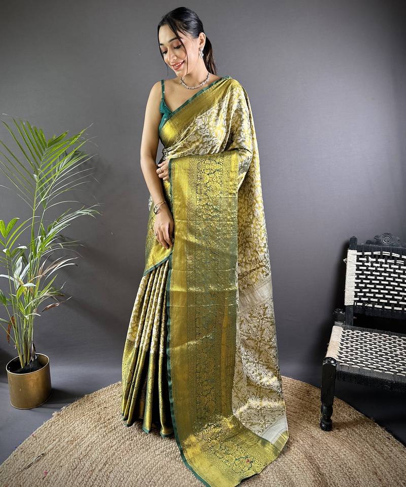 Green floral, peacock zari woven kanjivaram tissue silk saree with blouse