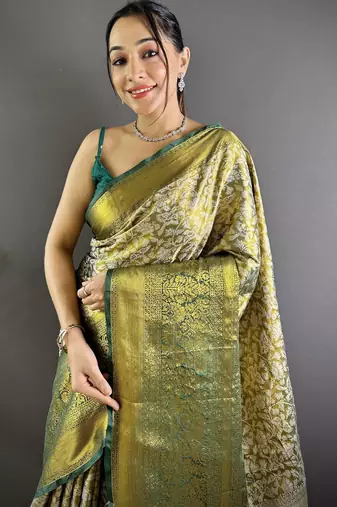Green floral, peacock zari woven kanjivaram tissue silk saree with blouse