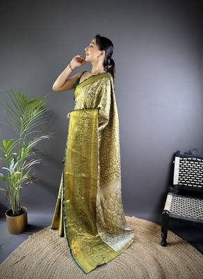 Green floral, peacock zari woven kanjivaram tissue silk saree with blouse 3