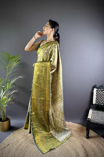 Green floral, peacock zari woven kanjivaram tissue silk saree with blouse