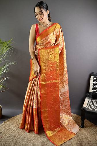 Orange floral, peacock zari woven kanjivaram tissue silk saree with blouse