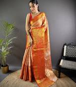 Orange floral, peacock zari woven kanjivaram tissue silk saree with blouse