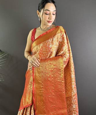 Orange floral, peacock zari woven kanjivaram tissue silk saree with blouse 2