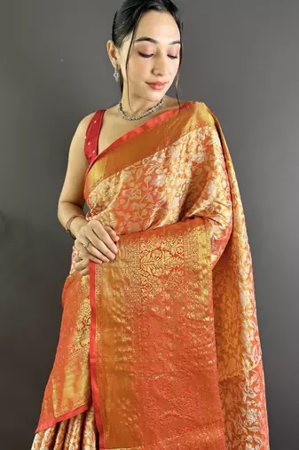 Orange floral, peacock zari woven kanjivaram tissue silk saree with blouse