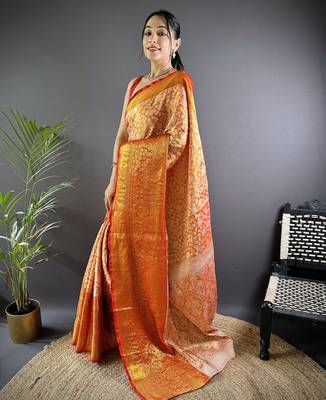 Orange floral, peacock zari woven kanjivaram tissue silk saree with blouse 3