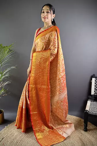 Orange floral, peacock zari woven kanjivaram tissue silk saree with blouse