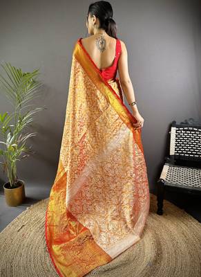 Orange floral, peacock zari woven kanjivaram tissue silk saree with blouse 4