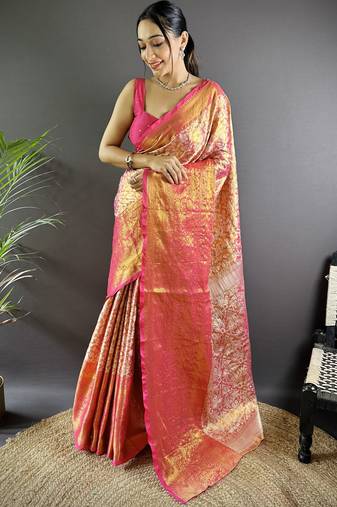 Pink floral, peacock zari woven kanjivaram tissue silk saree with blouse