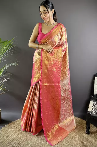 Pink floral, peacock zari woven kanjivaram tissue silk saree with blouse