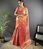 Pink floral, peacock zari woven kanjivaram tissue silk saree with blouse