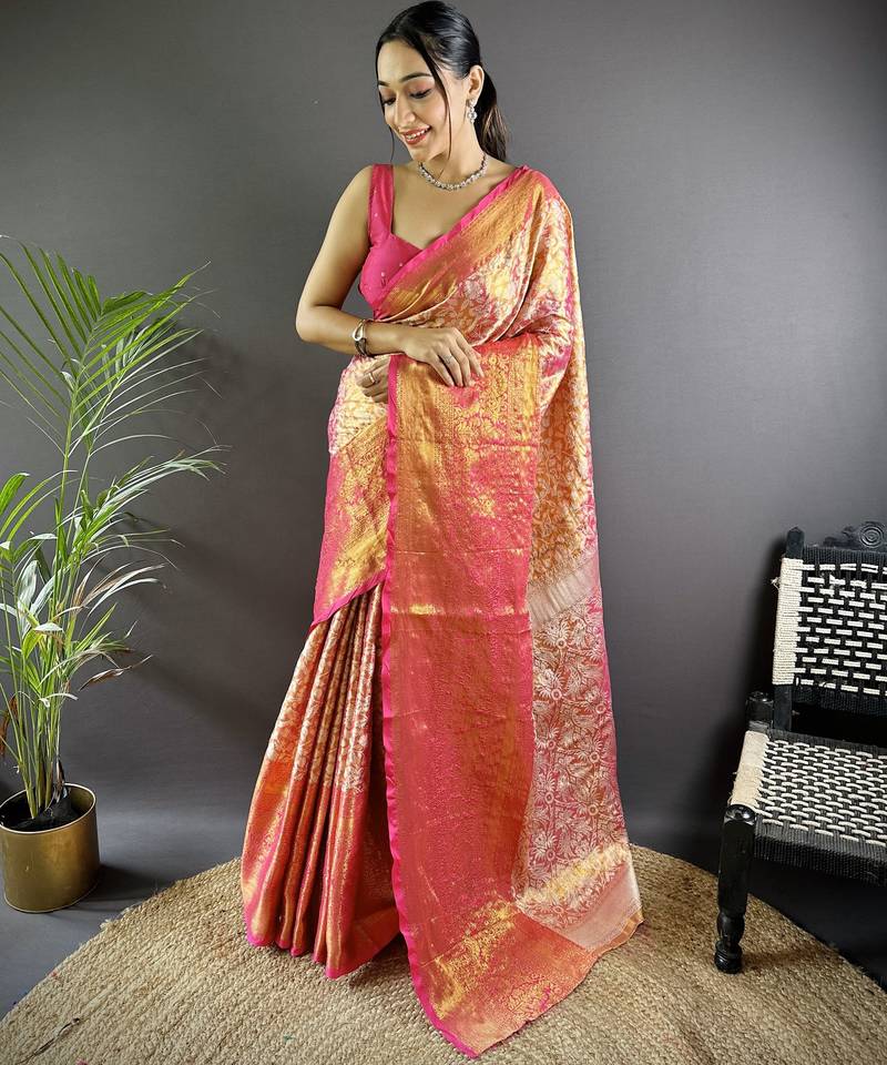 Pink floral, peacock zari woven kanjivaram tissue silk saree with blouse