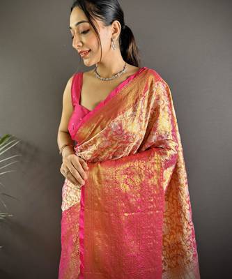 Pink floral, peacock zari woven kanjivaram tissue silk saree with blouse 2