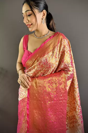 Pink floral, peacock zari woven kanjivaram tissue silk saree with blouse