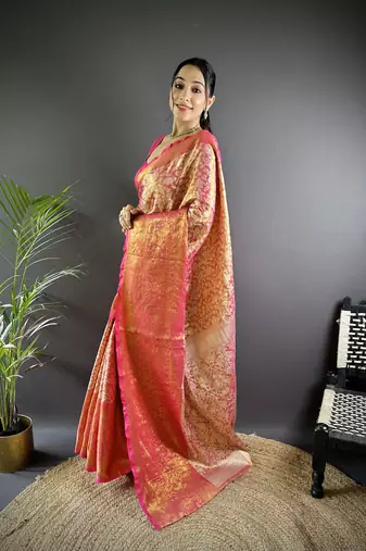 Pink floral, peacock zari woven kanjivaram tissue silk saree with blouse