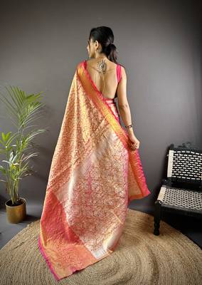 Pink floral, peacock zari woven kanjivaram tissue silk saree with blouse 4