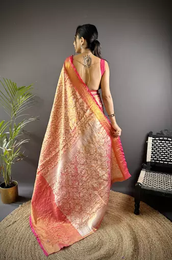 Pink floral, peacock zari woven kanjivaram tissue silk saree with blouse