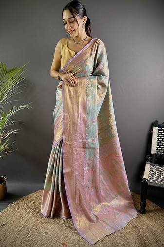 Mint green floral, paisely, zari woven kanjivaram tissue silk saree with blouse