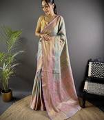 Mint green floral, paisely, zari woven kanjivaram tissue silk saree with blouse