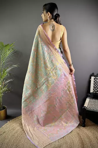 Mint green floral, paisely, zari woven kanjivaram tissue silk saree with blouse