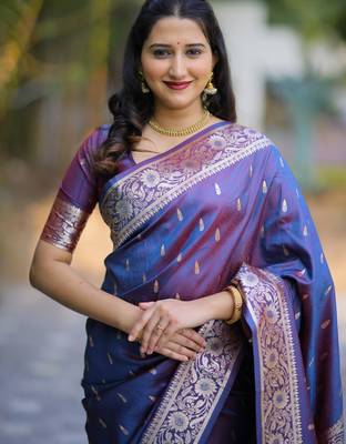 Blue floral zari work banarasi silk blend saree with blouse 4
