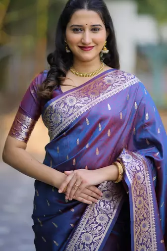 Blue floral, zari work banarasi silk saree with blouse