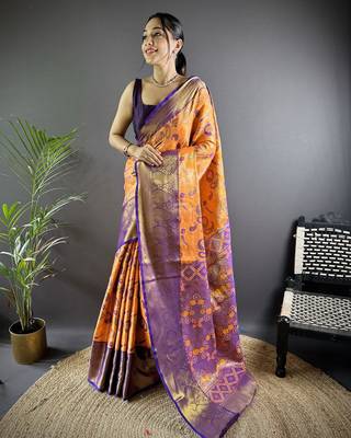Orange floral paisely zari woven tissue silk blend saree with blouse 1