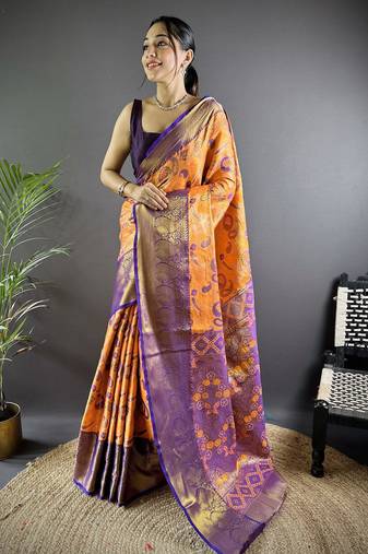 Orange floral, paisely, zari woven kanjivaram tissue silk saree with blouse