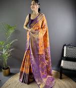 Orange floral paisely zari woven tissue silk blend saree with blouse