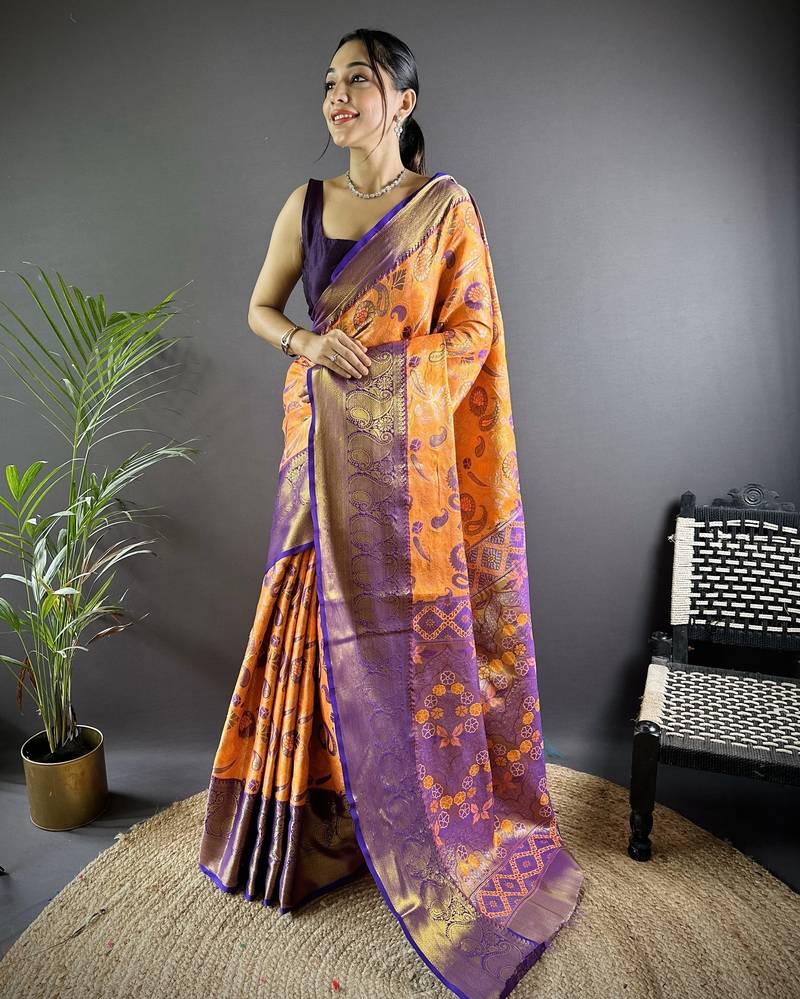 Orange floral, paisely, zari woven kanjivaram tissue silk saree with blouse