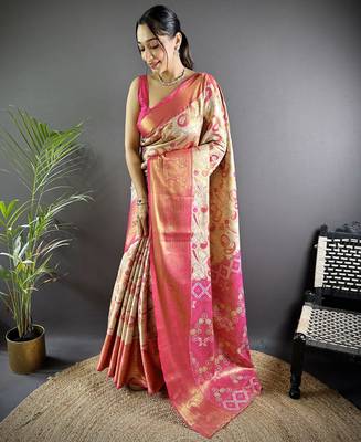 Pink floral paisely zari woven tissue silk blend saree with blouse 1