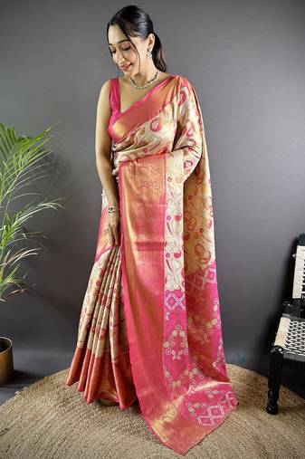 Pink floral, paisely, zari woven kanjivaram tissue silk saree with blouse