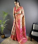Pink floral paisely zari woven tissue silk blend saree with blouse