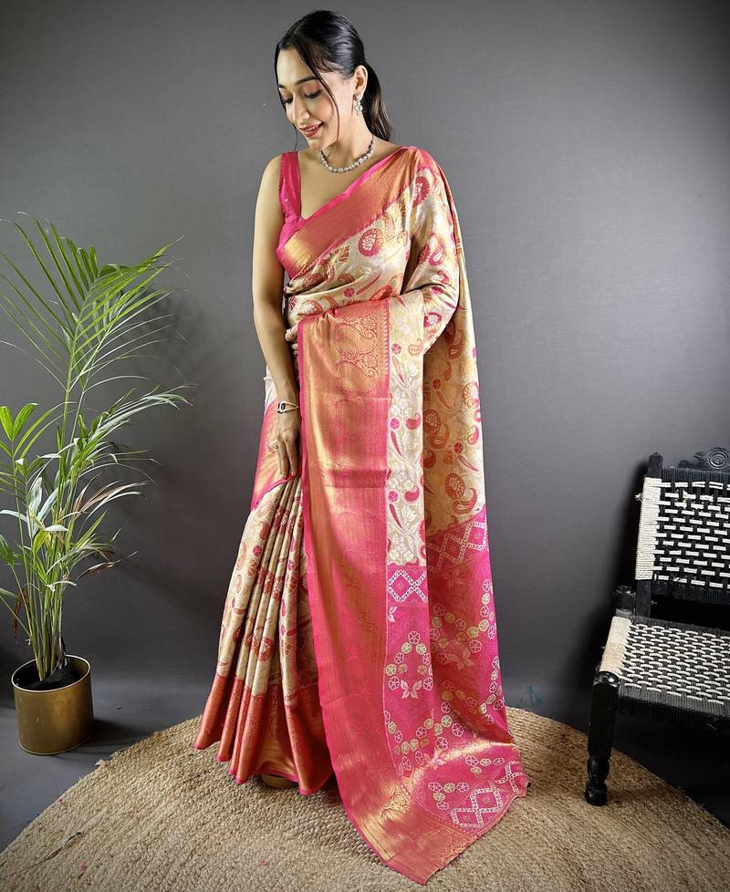 Pink floral, paisely, zari woven kanjivaram tissue silk saree with blouse