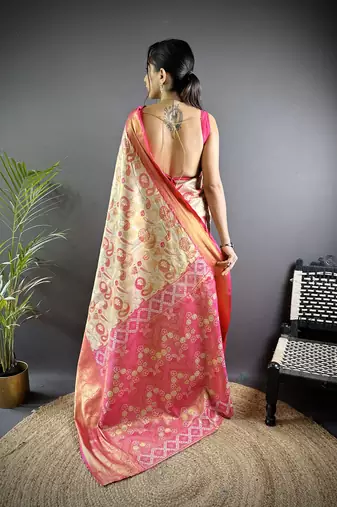 Pink floral, paisely, zari woven kanjivaram tissue silk saree with blouse