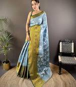 Blue floral, zari woven kanjivaram tissue silk saree with blouse