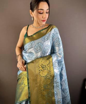Blue floral, zari woven kanjivaram tissue silk saree with blouse 2