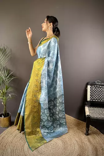 Blue floral, zari woven kanjivaram tissue silk saree with blouse