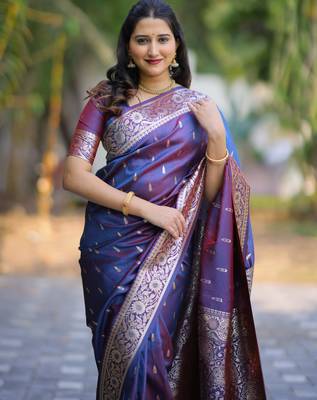 Blue floral zari work banarasi silk blend saree with blouse 5