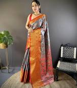 Grey floral, zari woven kanjivaram tissue silk saree with blouse