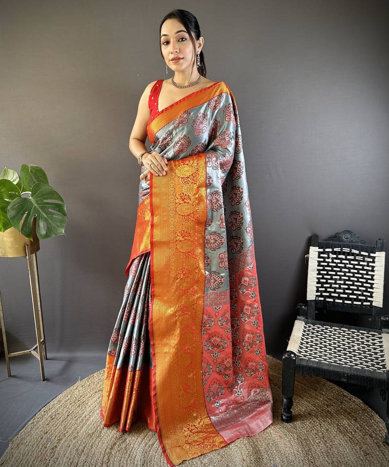 Grey floral, zari woven kanjivaram tissue silk saree with blouse