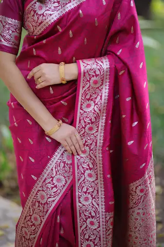 Magenta floral, zari work banarasi silk saree with blouse