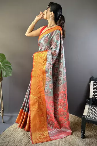 Grey floral, zari woven kanjivaram tissue silk saree with blouse