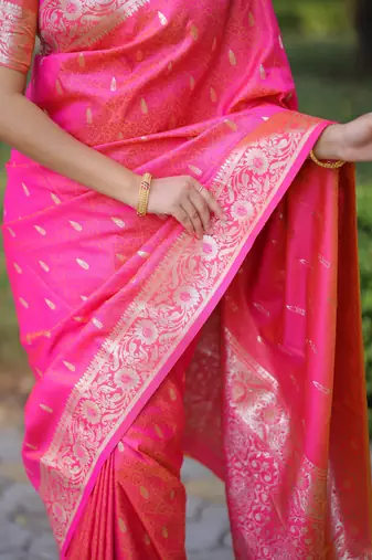 Pink floral, zari work banarasi silk saree with blouse