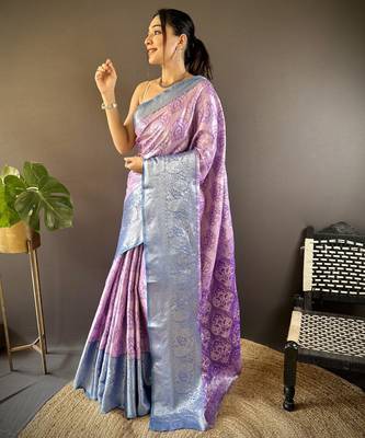 Lavender floral, zari woven kanjivaram tissue silk saree with blouse 1
